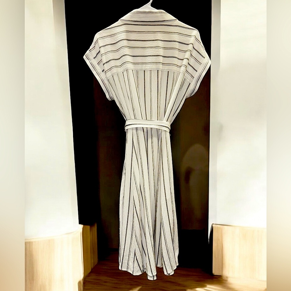 Calvin Klein Maxi Shirt Dress Size 14 Off-White Gray Stripe Button Front Belted - Picture 4 of 4